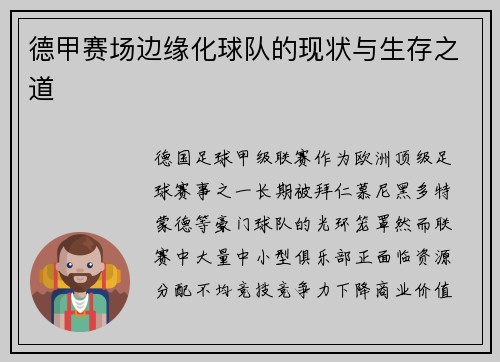德甲赛场边缘化球队的现状与生存之道