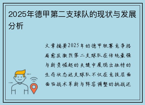2025年德甲第二支球队的现状与发展分析